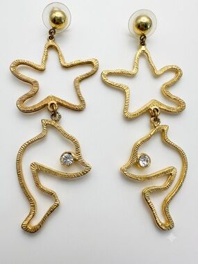 Vintage Gold Star & Dolphin Drop Earrings - Gold Tone Women’s Jewelry